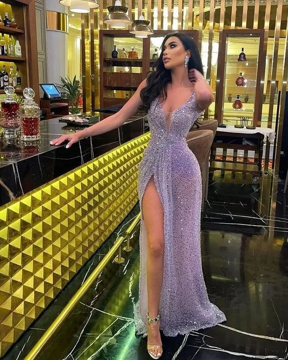 Overstock flowy evening dressPlunge V Neck Sequins Long Evening Dress Sexy Prom Dress  Y47