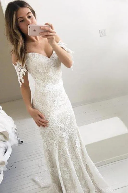Year-End Sale Off the Shoulder Mermaid Lace Long Prom Dresses, Lace Prom Dress GJS246