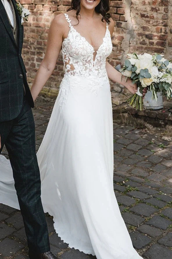Value Deals party-ready dressSpaghetti Straps V-Neck Empire Appliques A-Line Wedding Dress