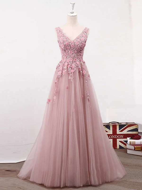 Huge Discounts Long Prom Dresses A-Line Sweep Train V-neck Lace-up Tulle Beautiful Prom Dress JKL622