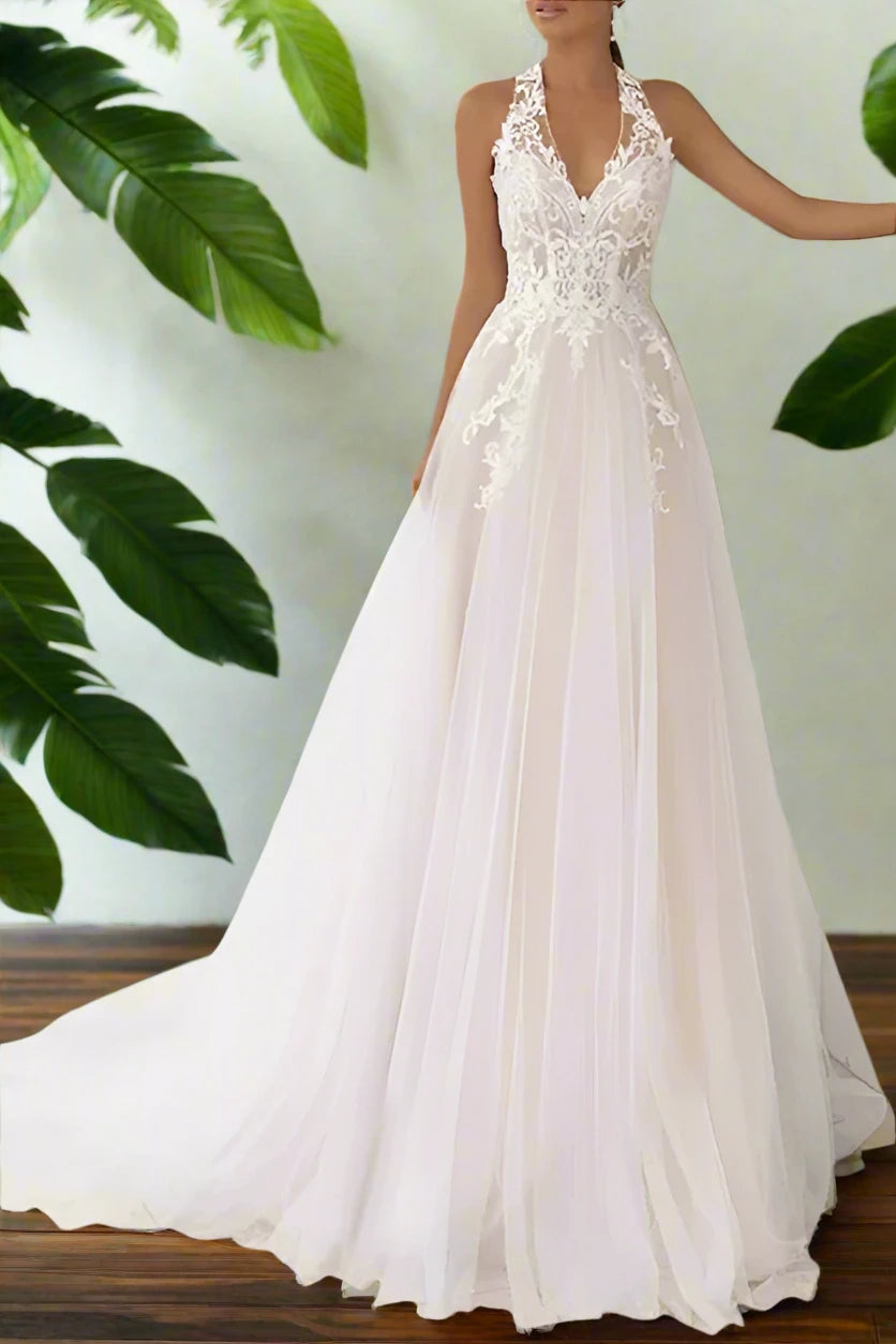 Buy Now floral wrap dressChic A-Line V-Neck Halter Lace Appliques Wedding Dress