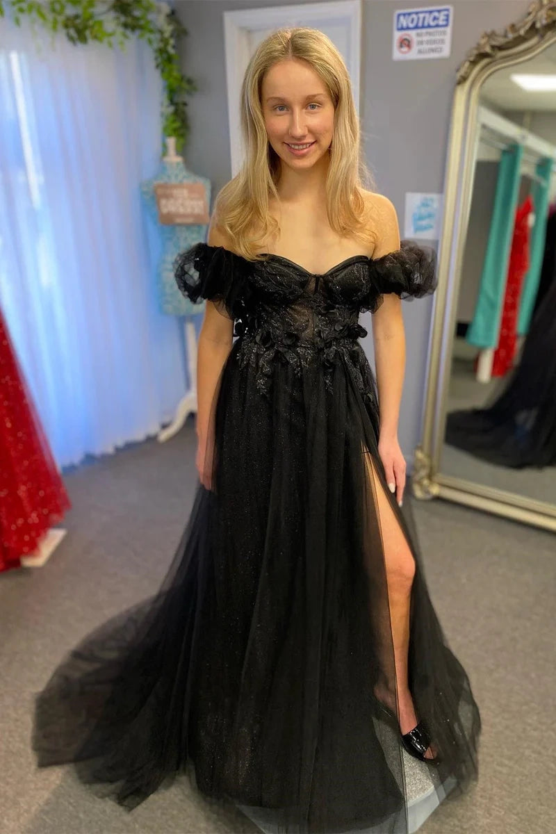 Deal Zone long-sleeve floral dressChic Tulle A-Line Sweetheart Appliques With Side Slit Prom Dress
