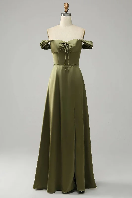 Steals and Deals stylish dressOlive A-line Off-Shoulder Satin Slit Long Bridesmaid Dress Steals and Deals stylish dressOlive A-line Off-Shoulder Satin Slit Long Bridesmaid Dress