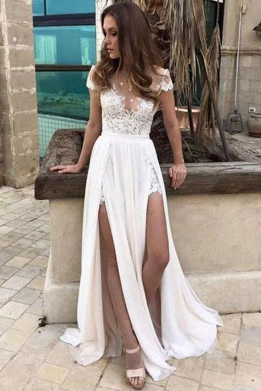 Extra Discounts White Prom Dress Short Sleeve Sexy Slit Casual Cheap Beach Wedding Dresses OHD272