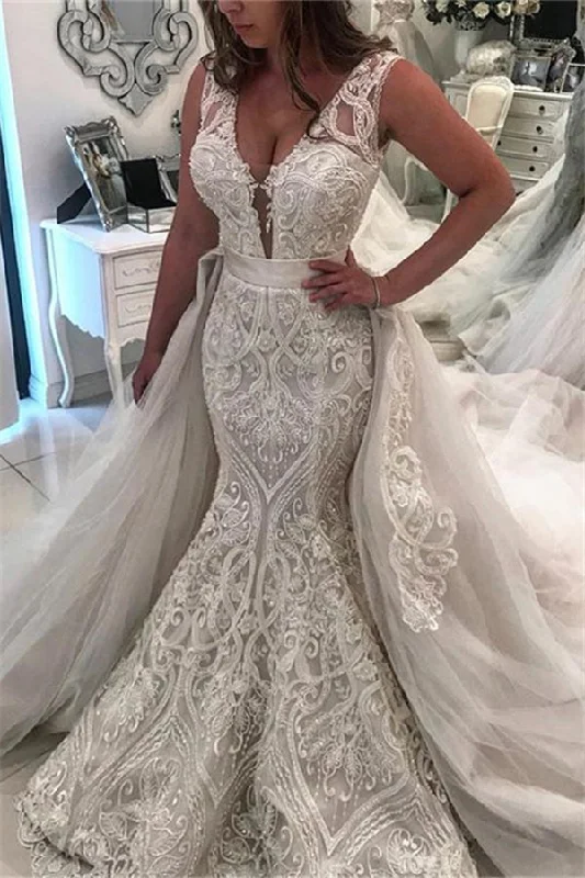 Bargain Prices AmazingSleeveless Lace Mermaid Wedding Dress New Arrival Over skirt Bridal Gowns