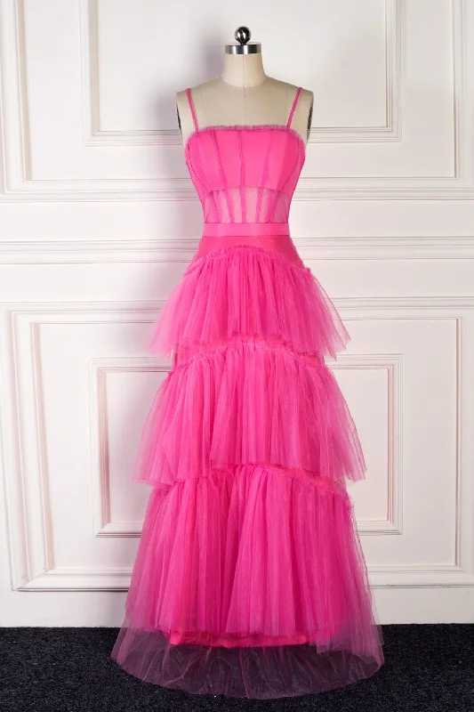 Limited Edition chic shift dressFuchsia A-line Spaghetti Straps boning Sheer Long Prom Dress