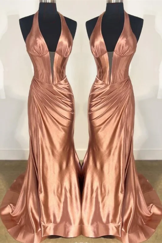 Price Reduction knit dressDusty Pink Plunging V Halter Mermaid Long Prom Dress