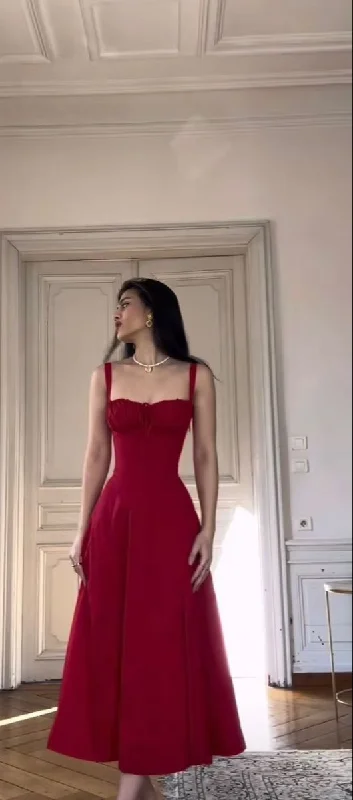 Amazing Deals floral midi dressCasual Lace up Waist Controlled Slimming A Line Slip Red Party Dress,Red Prom Dress Y4581
