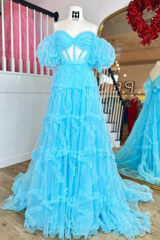 Price Drop Alert casual slip dressSky Blue Ruffled Puff Sleeves A-line Long Prom Dress