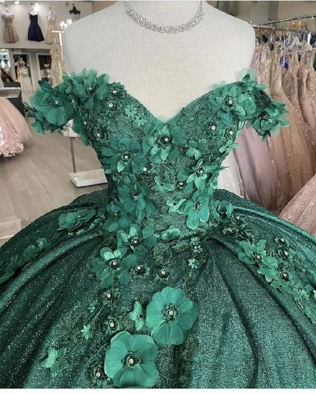 Blowout Sale fitted bodycon dressOff The Shoulder Green Ball Gown With Flowers Sweet 16 Dress Y4436