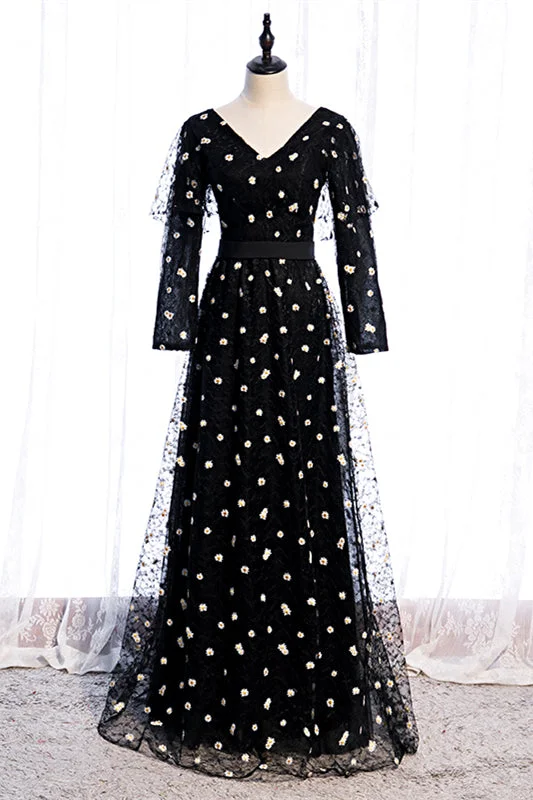 Price Cut flowy maxi dressBlack A-line V Neck Long Sleeves Daisy Embroideries Maxi Formal Dress