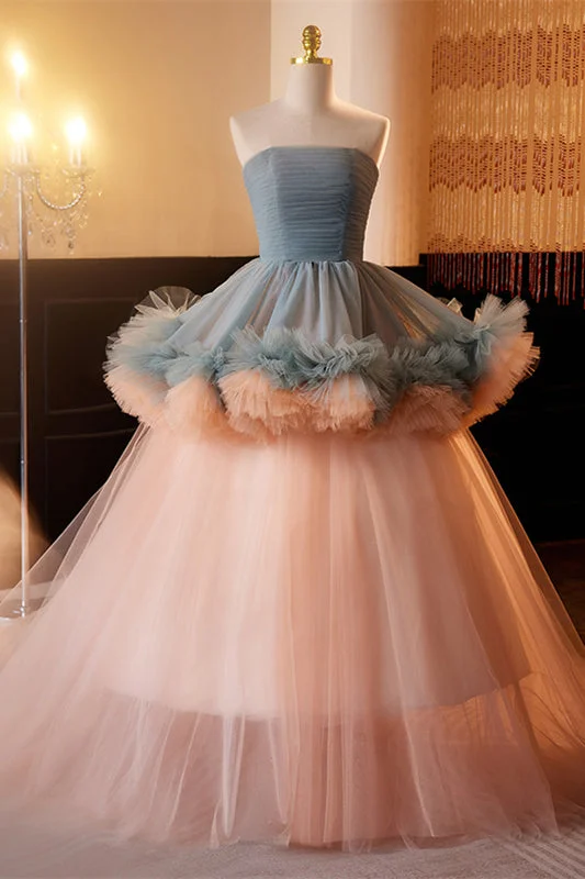 Midnight Sale office dressDusty Blue and Pink Strapless Ruffle Layers Tulle Long Prom Dress
