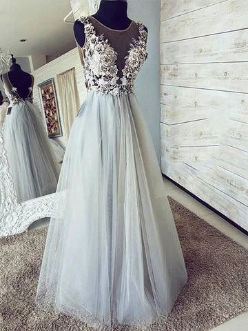 Loyalty Reward Open Back Prom Dresses Aline Appliques Long See Through Chic Tulle Prom Dress JKL1598