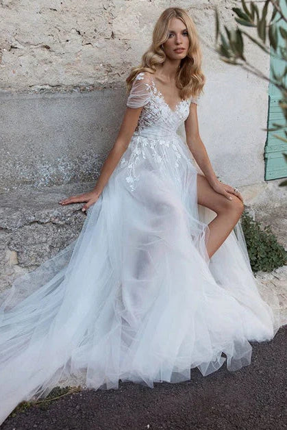 Huge Savings silk dressV-Neck Cap Sleeves Appliques Sheer Tulle A-Line Wedding Dress Huge Savings silk dressV-Neck Cap Sleeves Appliques Sheer Tulle A-Line Wedding Dress