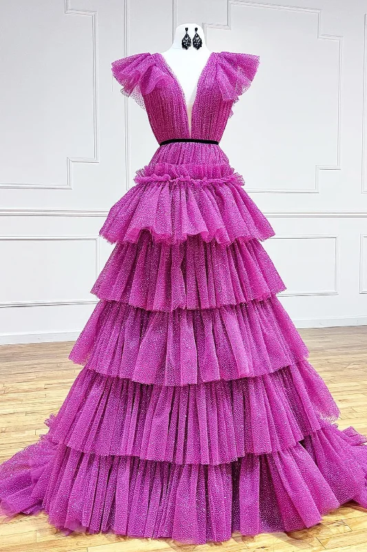 Crazy Deals wrap-around dressFuchsia Flutter Sleeves Layers Dot A-line Long Prom Dress