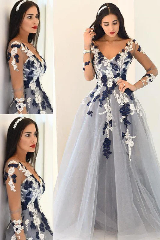 Reduced Prices Blue Sheer Sleeves Appliques A-Line Princess Tulle Prom Dresses GJS149