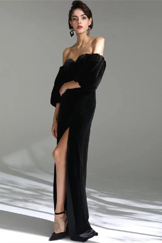 YEAR-End Clearance casual slip dressBlack Velvet Dress with Bell Sleeves