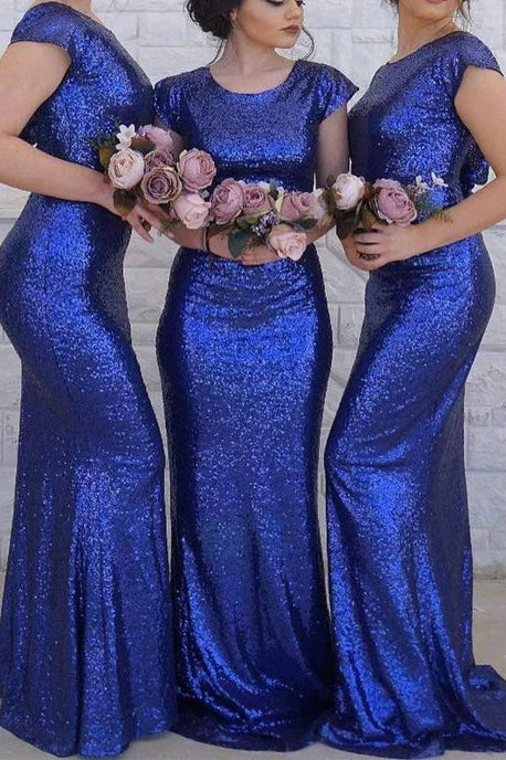 Get It Before It’s Gone elegant dressSparkly Fitted Round Cap Sleeveless With Train Sequins Bridesmaid Dress