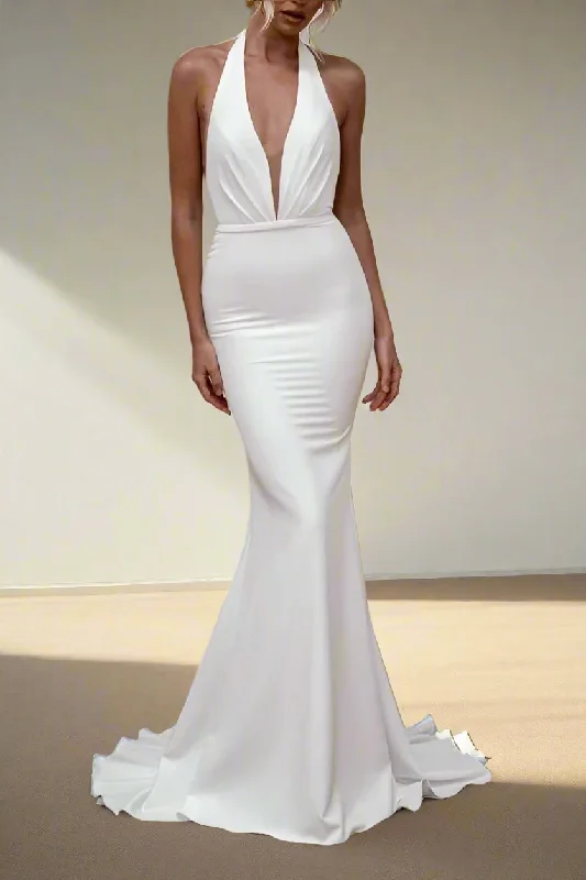 Major Savings long sleeve dressLow V-Neck Halter Open Back Mermaid Wedding Dress