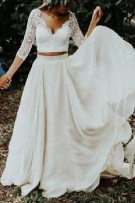 Best Bargains Beach Two pieces Lace sleeves Summer Beach Wedding Dress