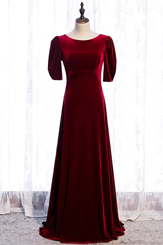 Special Discount casual day dressBurgundy Deep V Back Sleeves Scoop Neck Maxi Formal Dress