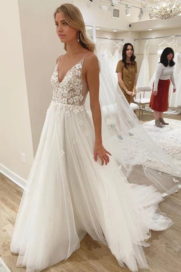 Last Chance floral dressTulle A-Line V-Neck Sleeveless Appliques Beach Wedding Dress