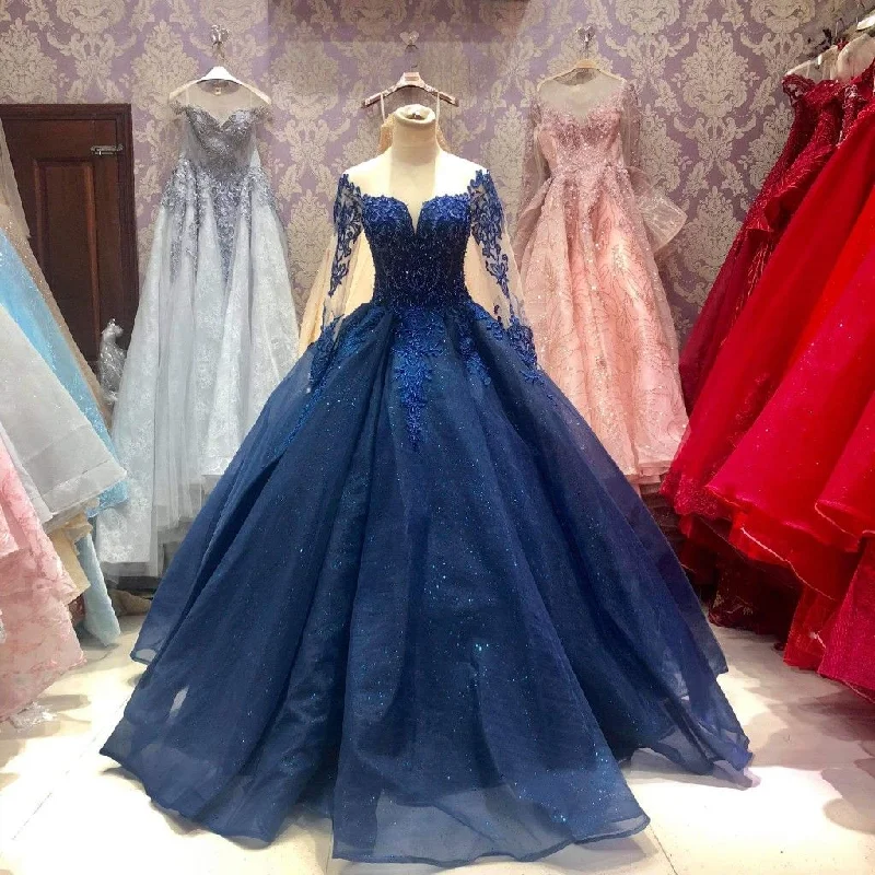 Customer Appreciation Sale casual slip dressElegant Floral Flowers Patterned Ball Gown Long Sleeve Prom Party Illusion Y4439