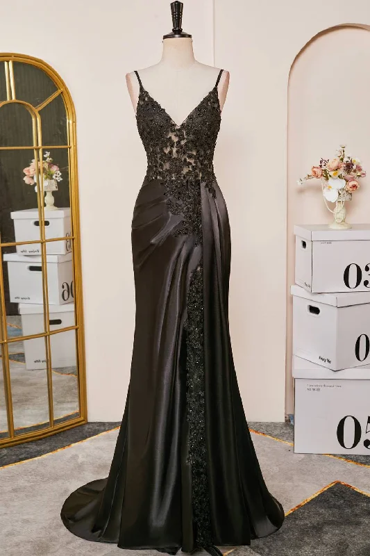 Value Deals ashionable dressBlack Plunging V Neck Lace-Up Appliques Mermaid Long Prom Dress with Slit