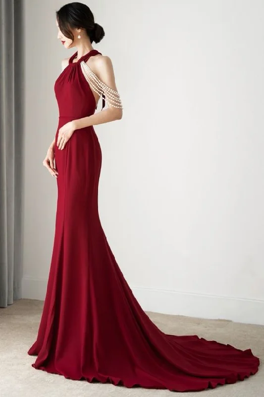 Quick Sale elegant dressSexy Backless Evening Party Dress Halter Tassel Mermaid Vintage Party Prom Dresses Y4572