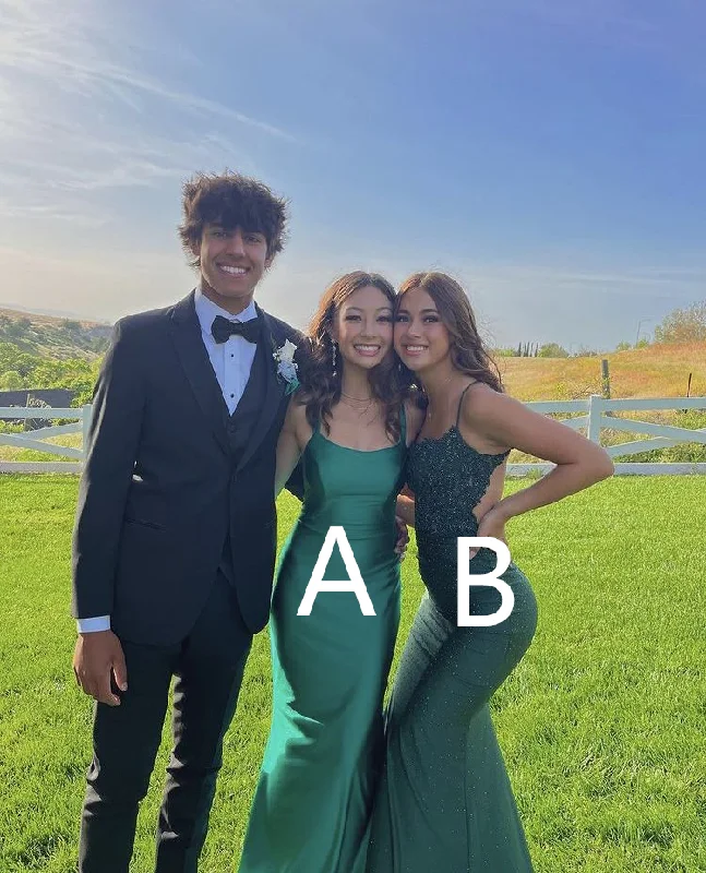Quick Sale casual summer dressMermaid Spaghetti Straps Satin Green Prom Dress,Different Style Prom Gown Y4125