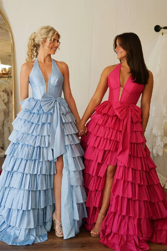 Bargain Bin satin midi dressLow V-Neck Halter Satin A-Line Tiered Long Prom Dress