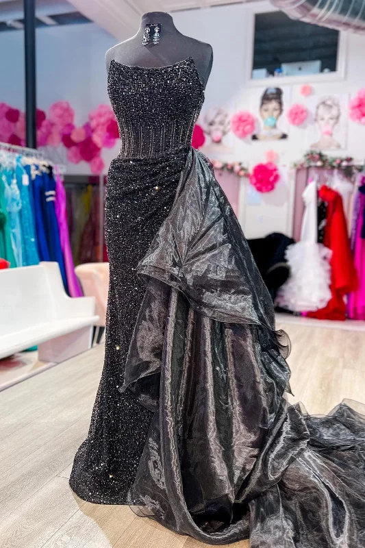 Big Savings midi dressBlack Strapless Mermaid Sequins Long Prom Dress with Detachable Train