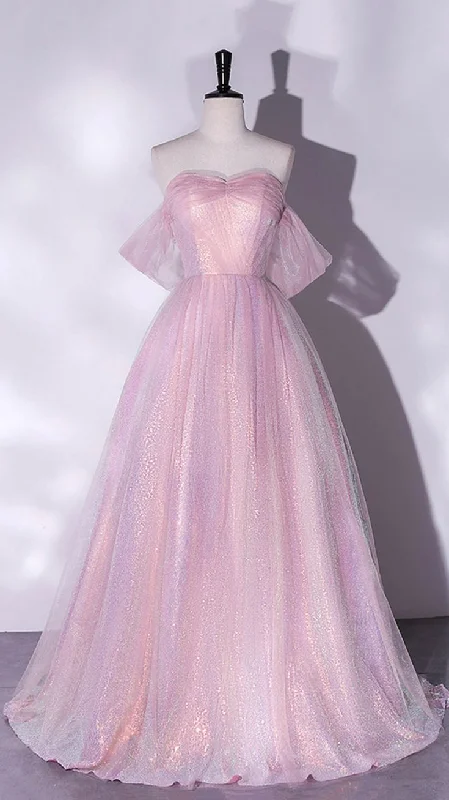 Instant Discount silk dressA-Line Sweetheart Neck Tulle Sequin Pink Long Prom Dress, Pink Tulle Formal Dress Y4483