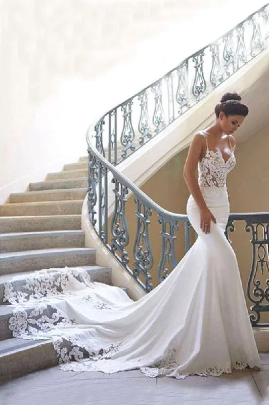 Special Offer Spaghetti Strap Lace Wedding Dress Online with Chapel Train