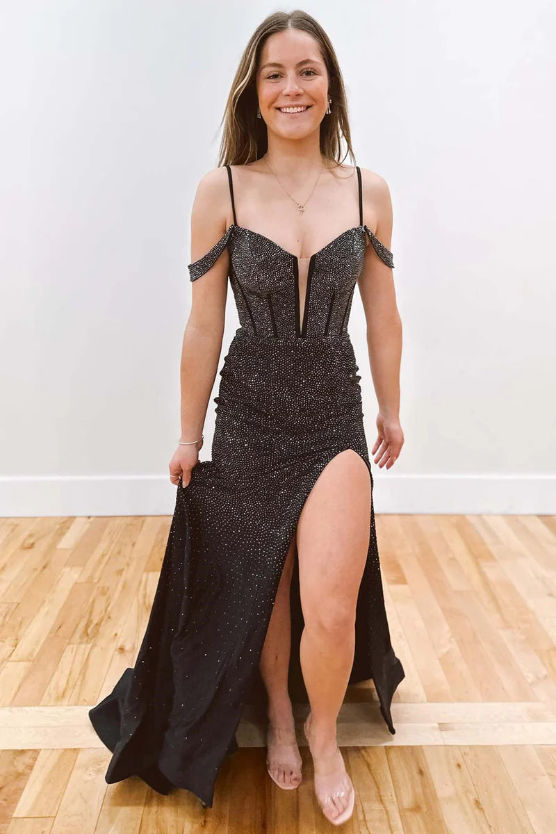 Big Savings playful dressGlitter Trumpet Off-Shoulder V-Neck With Side Slit Beaded Prom Dress
