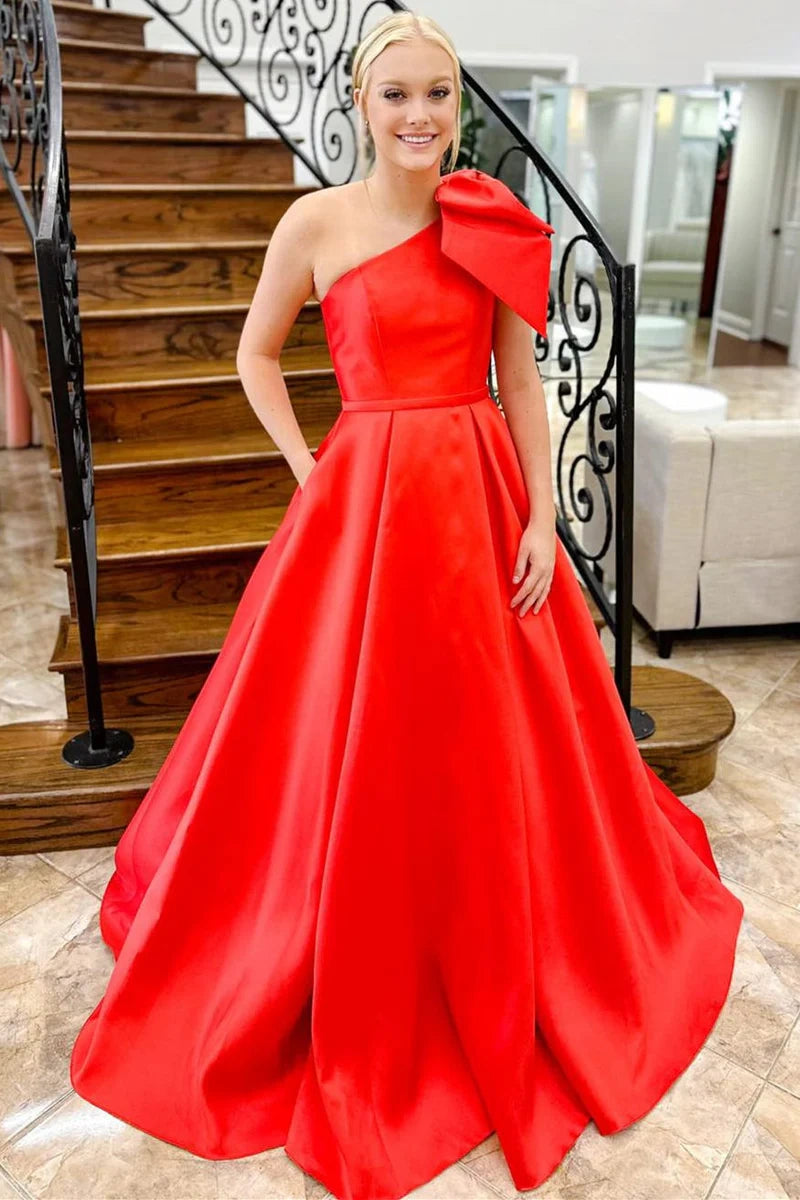Year-End Sale fitted cocktail dressCasual Satin A-Line One Shoulder Empire With Pockets Prom Dress