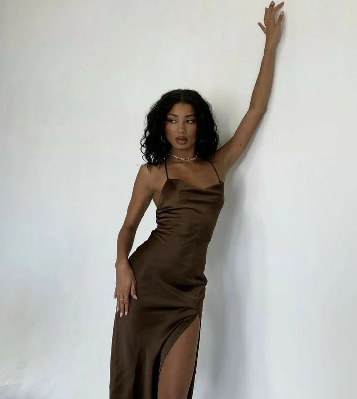 YEAR-End Sale flowy maxi dressSexy Brown Long Prom Dress With Split,Black Girls Prom Gown Y4585