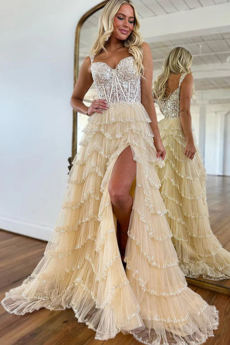 Overstock Sale printed dressChic Tulle A-Line Sweetheart Sleeveless Tiered Prom Dress