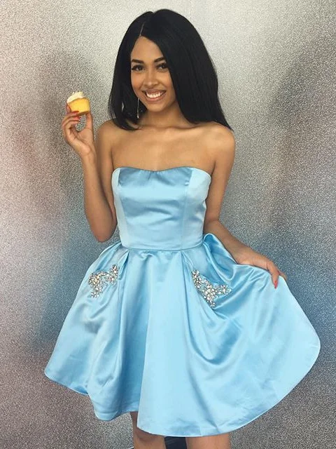 Final Clearance Cute Homecoming Dresses Strapless Rhinestone Short Prom Dress with Pockets Party Dress JK880