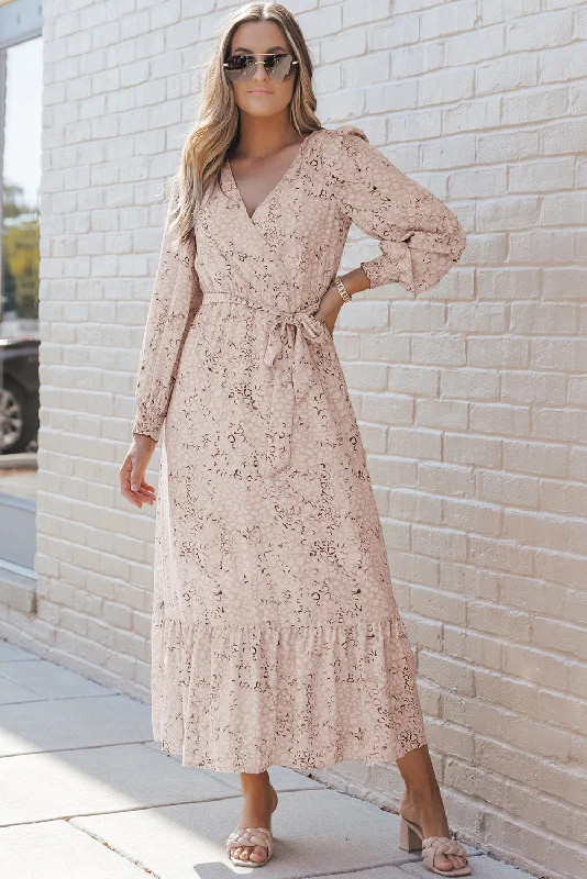Exclusive Savings Leopard Surplice Neck Bubble Sleeve Maxi Dress with Sash