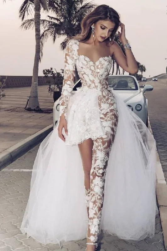 Unbeatable Prices Classic Lace Jumpsuit Asymmetirc See through Overskirt White Wedding Dress