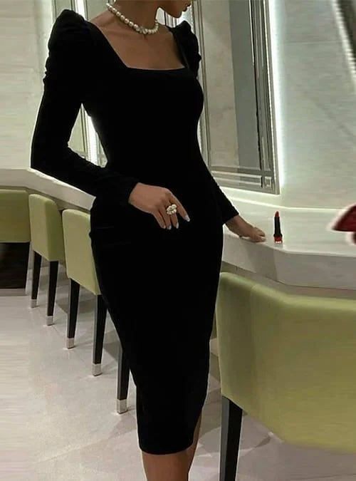 Price Smash layered dressSheath / Column Elegant Sexy Cocktail Party Dress Square Neck Long Sleeve Knee Length Short Prom Dress Y4194