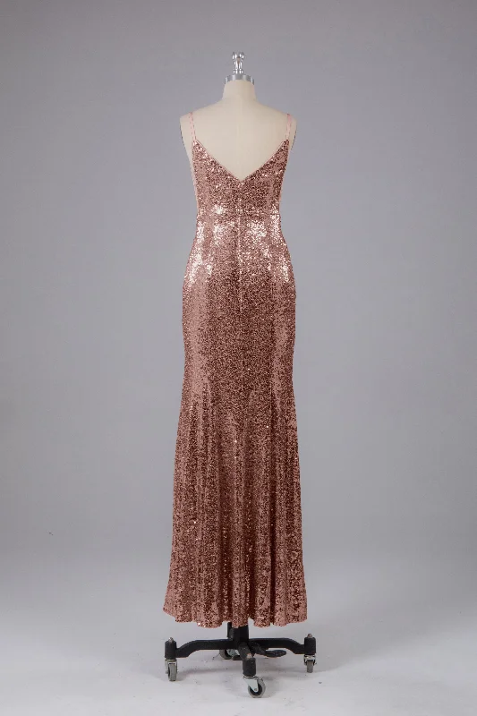 Price Reduction Mermaid Sequins Spaghetti Straps Long Bridesmaid Dress