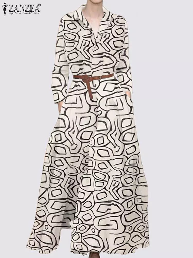 Markdowns trendy casual outerwearElegant Shirt Dress For Women ZANZEA Chic Lapel Floor Robe 2023 Autumn Printed Maxi Dresses Casual Holiday Party A Line Vestidos