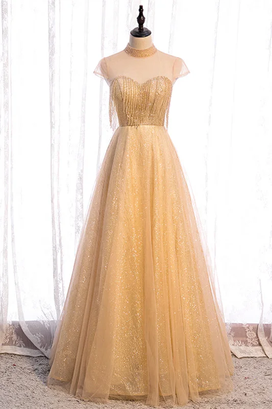 Flash Sale fitted bodycon dressYellow A-line Beading Illusion Neck Lace-Up Tulle Long Formal Dress