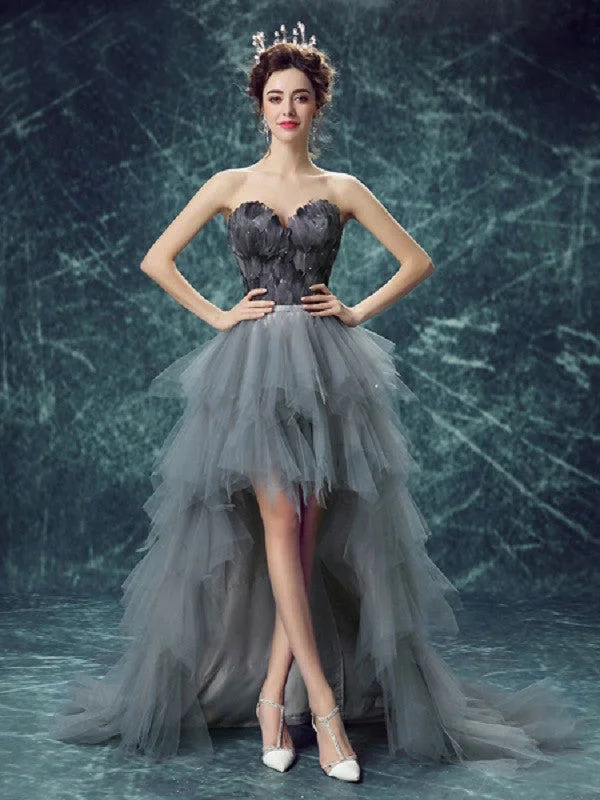 Lowest Price High Low Prom Dresses Sweetheart A-line Gray Plume Lace-up Sexy Prom Dress JKL537