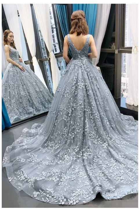 Epic Deals Gorgeous A-line Grey Lace Appliques Long Prom Gown Dress GJS272
