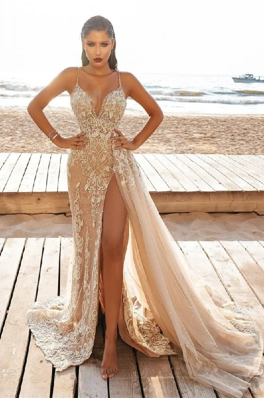 Special Discount Modern Spaghetti Side Split Tulle Beach Wedding Dress