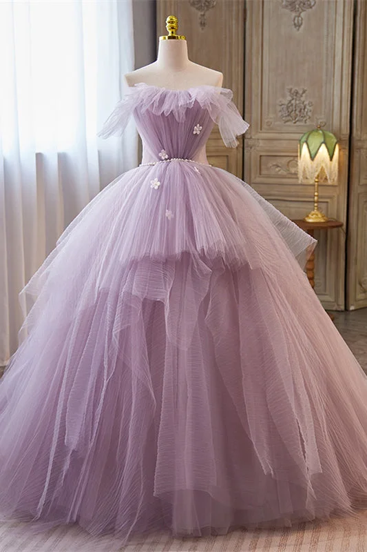 Inventory Reduction velvet dressLavender Ruffled Strapless Floral Applique Long Prom Dress with Pearl Sash