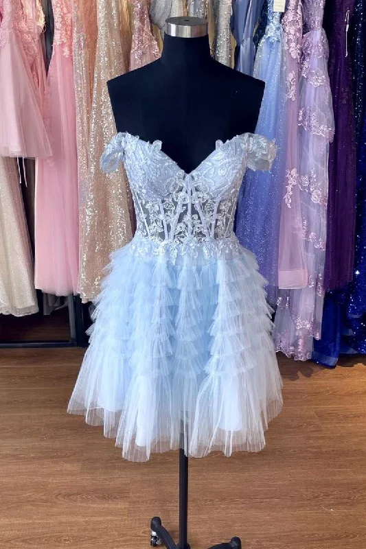 Extra Savings printed dressLight Blue A-line Flower Straps Appliques Tulle Homecoming Dress